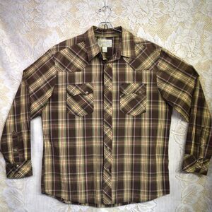 Cowboy Up Western Plaid Pearl Snap Shirt Mens Large Brown Yellow Plaid Rodeo